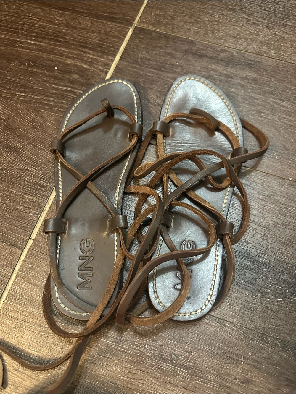 Mango Brown Leather Lace-Up Womens Sandals